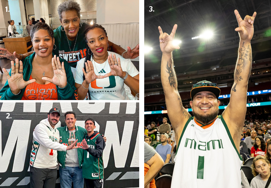 1. From left, Cassaundra Wimes; her mother, Joycelyn Lee; and friend Renae Patterson cheer on the men’s basketball team in Houston. 2. From left, sophomore Zander Samarasinghe, junior Benji Shokrian, and senior Rohin Vaidya throw up the U during an NCAA Tournament game in Albany, New York. Photo courtesy of Rohin Vaidya. 3. Andres Perez