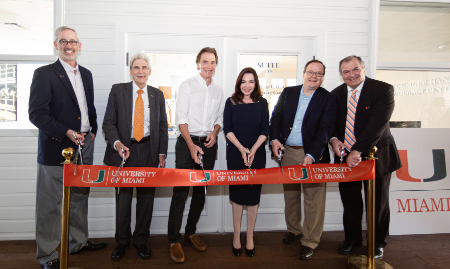 Attending the ribbon-cutting ceremony for The George P. Hanley Democracy Center are, from left, Joshua Friedman, Julio Frenk, George P. Hanley, Laurie Silvers, Gregory Koger, and Leonidas Bachas.