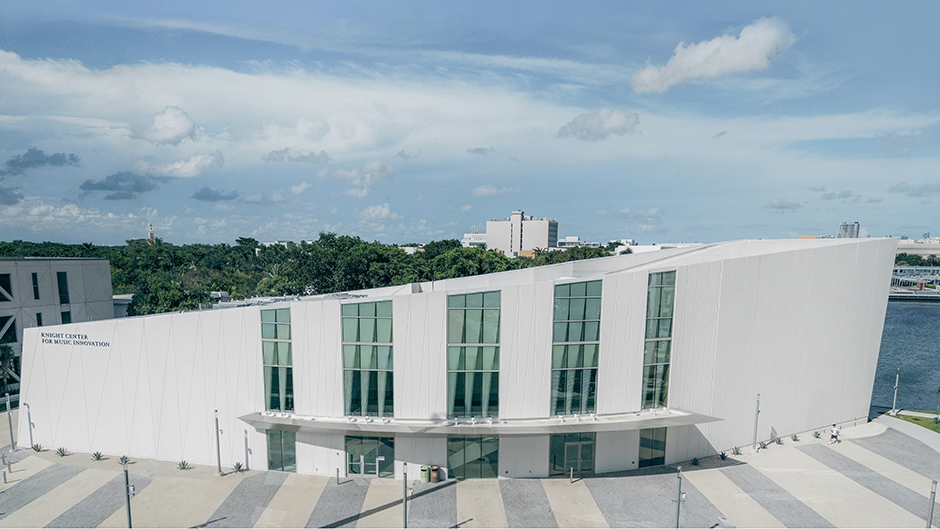 The Knight Center for Music Innovation is a 25,000-square-foot performance and technology center that opened on the Coral Gables Campus in 2023. Photo courtesy of Kikor