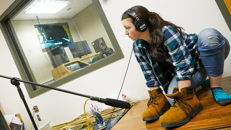 Foley artist Rachel Richards uses mundane objects like a boot to create the sound effects that are added to films, videos, and other media.